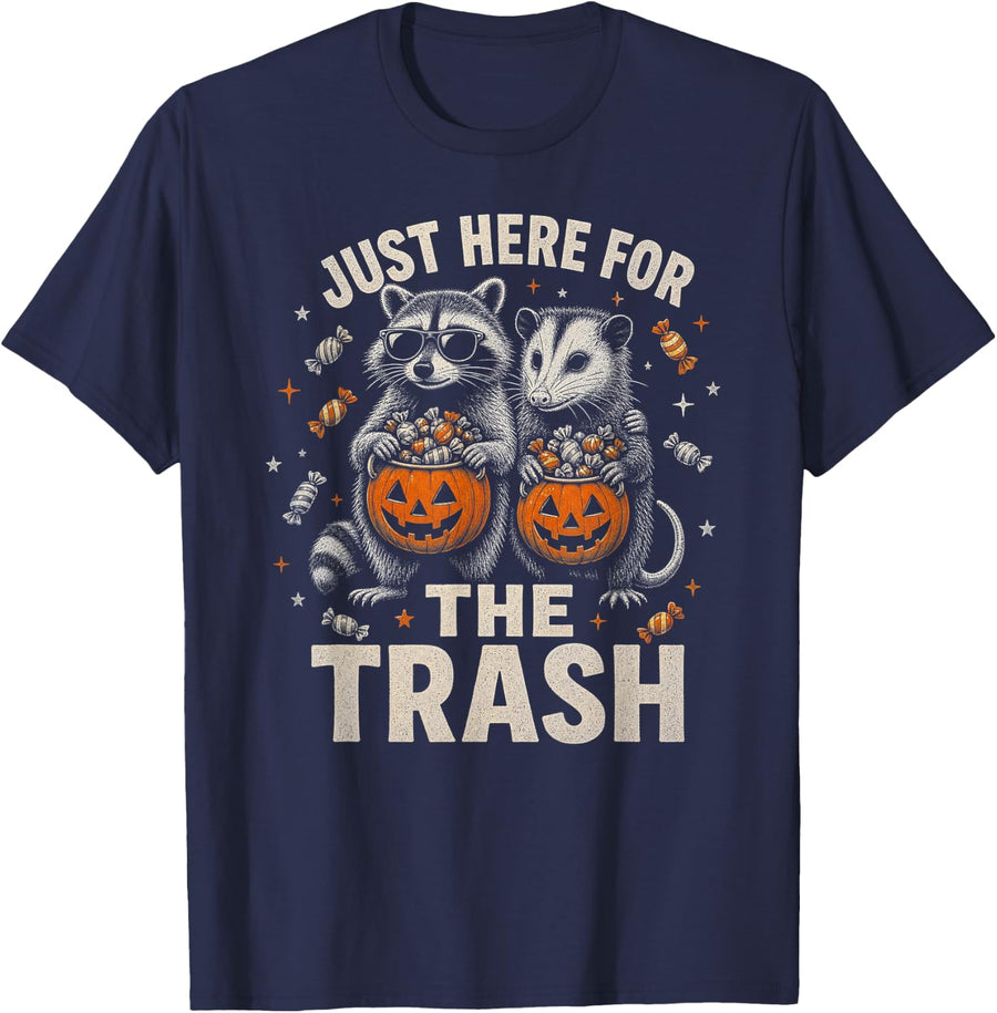 Halloween Raccoon Opossum Just Here for the Trash T-Shirt - Navy Blue