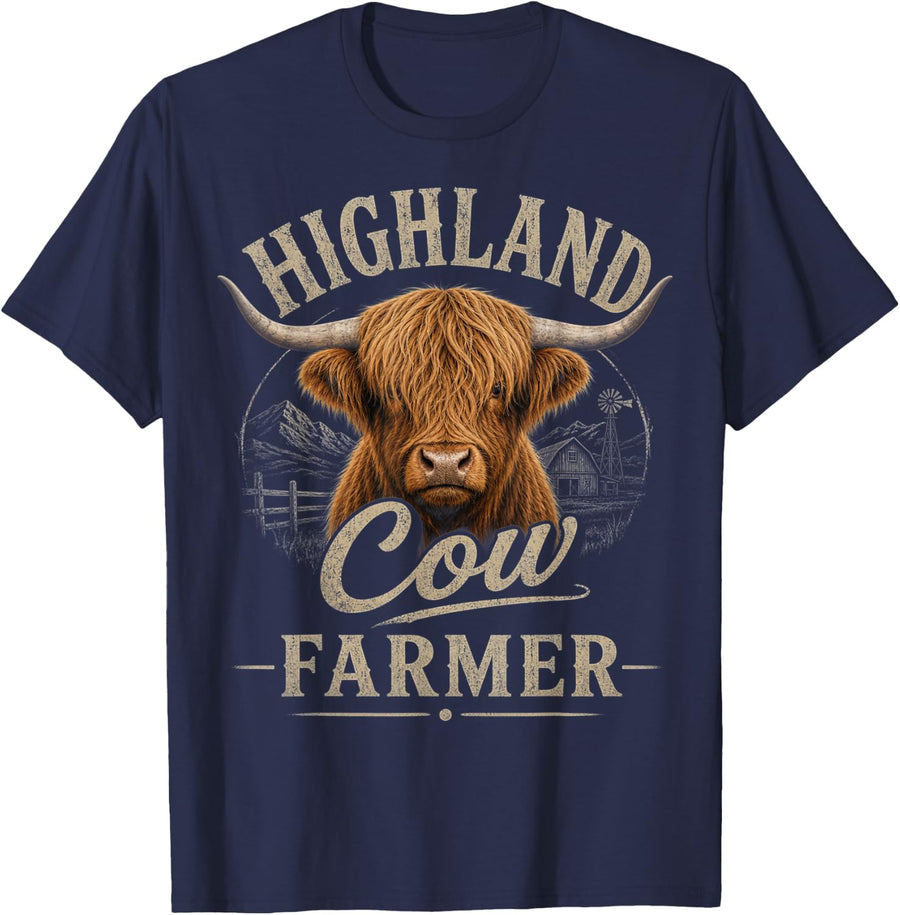 Highland Cow Farmer Scottish Cattle Rancher Farm Life T-Shirt - Navy Blue