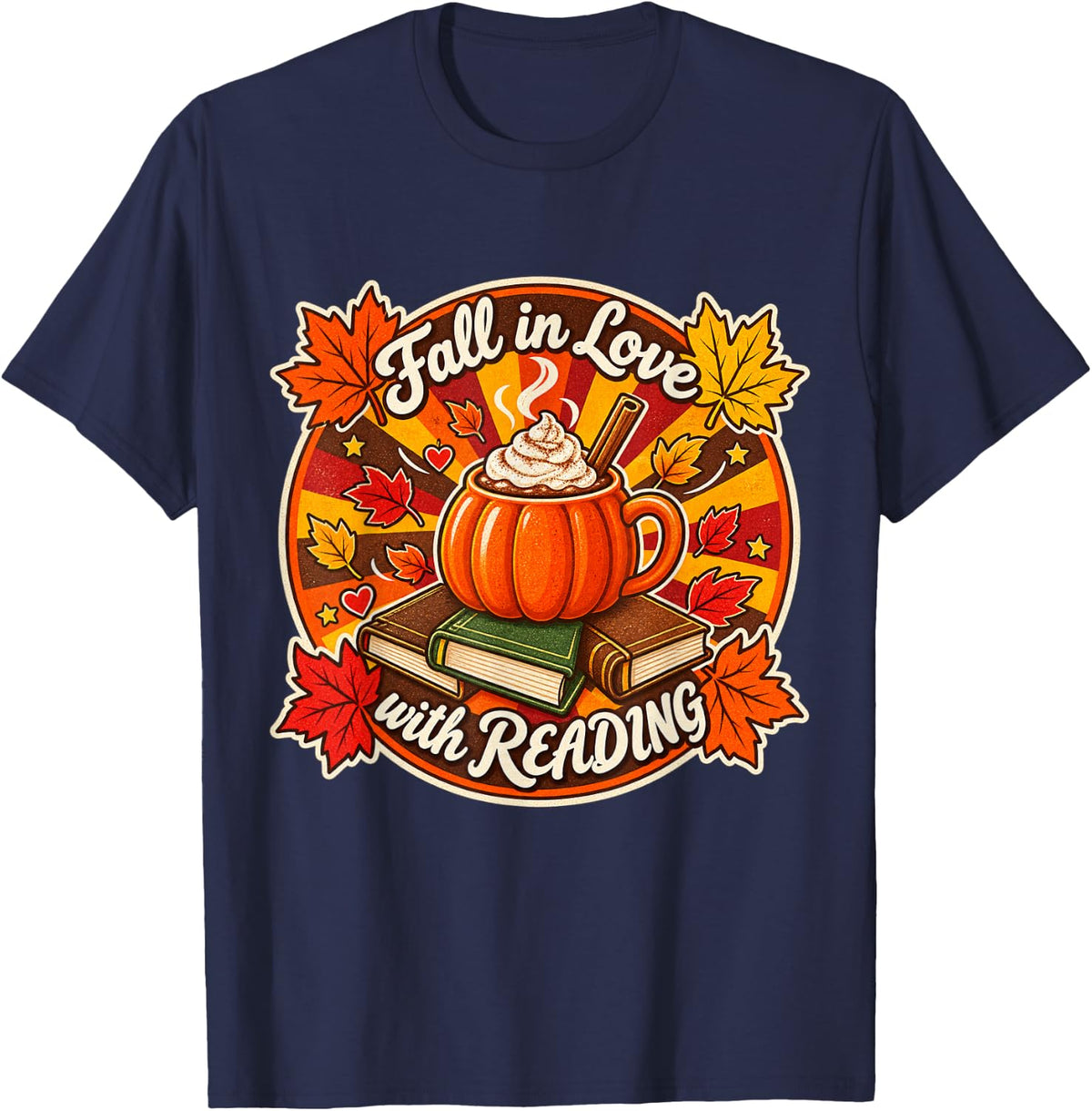 Fall in Love with Reading Pumpkin Spice Bookworm Autumn Vibe T-Shirt - Navy Blue
