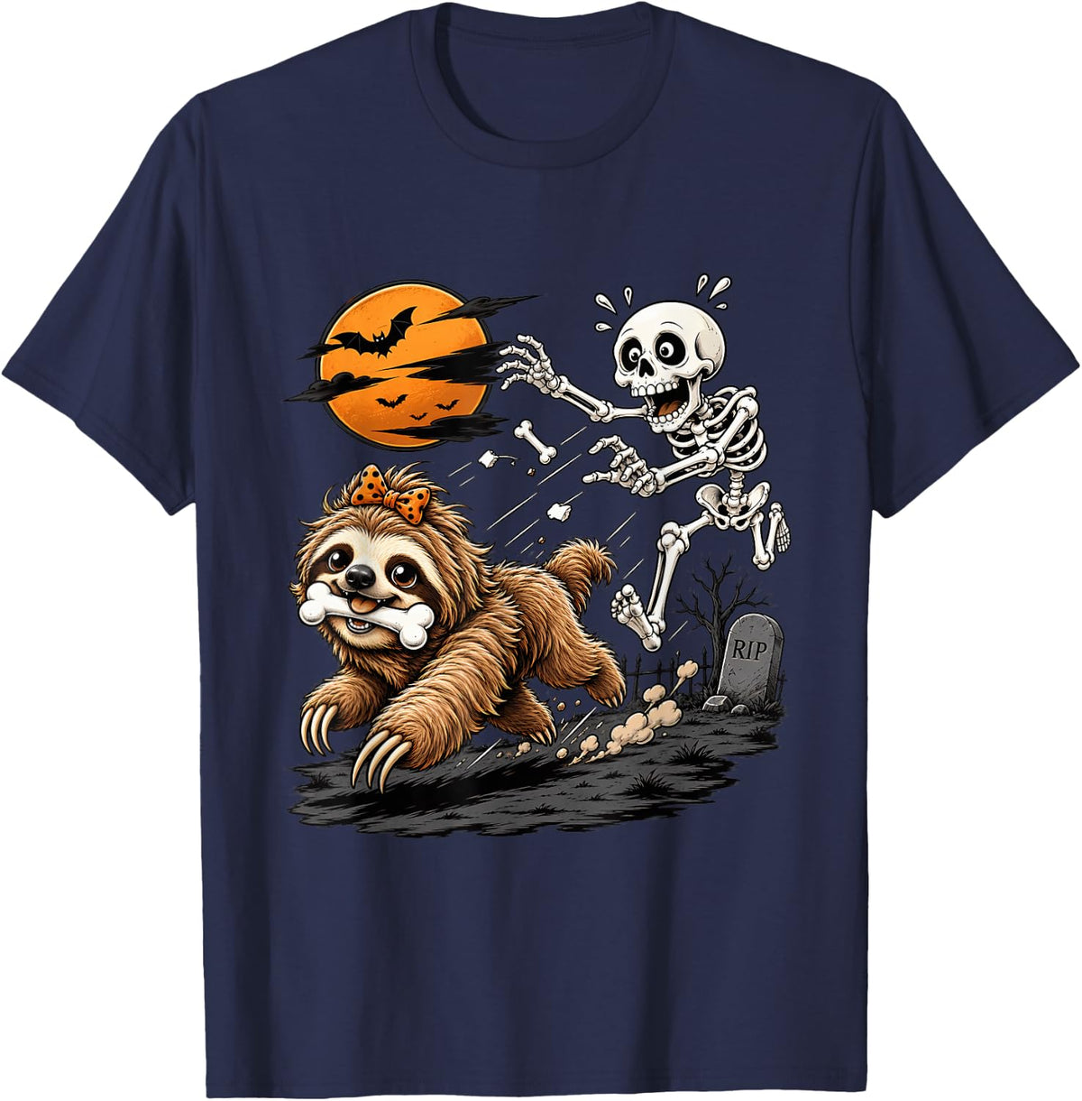 Cute Sloth Skeleton Funny Halloween Animal Lovers T-Shirt - Navy Blue