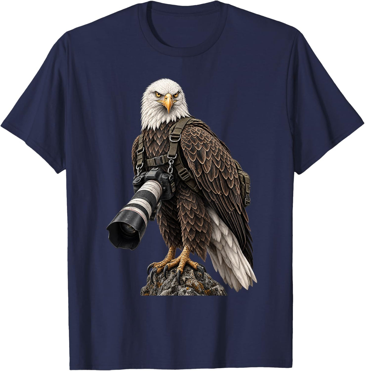 Bald Eagle Photographer with Camera T-Shirt - Navy Blue