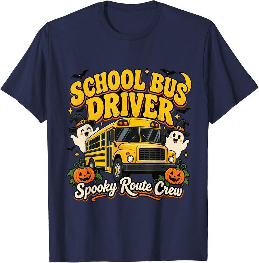 School Bus Driver Halloween Spooky Route Crew T-Shirt - Navy Blue