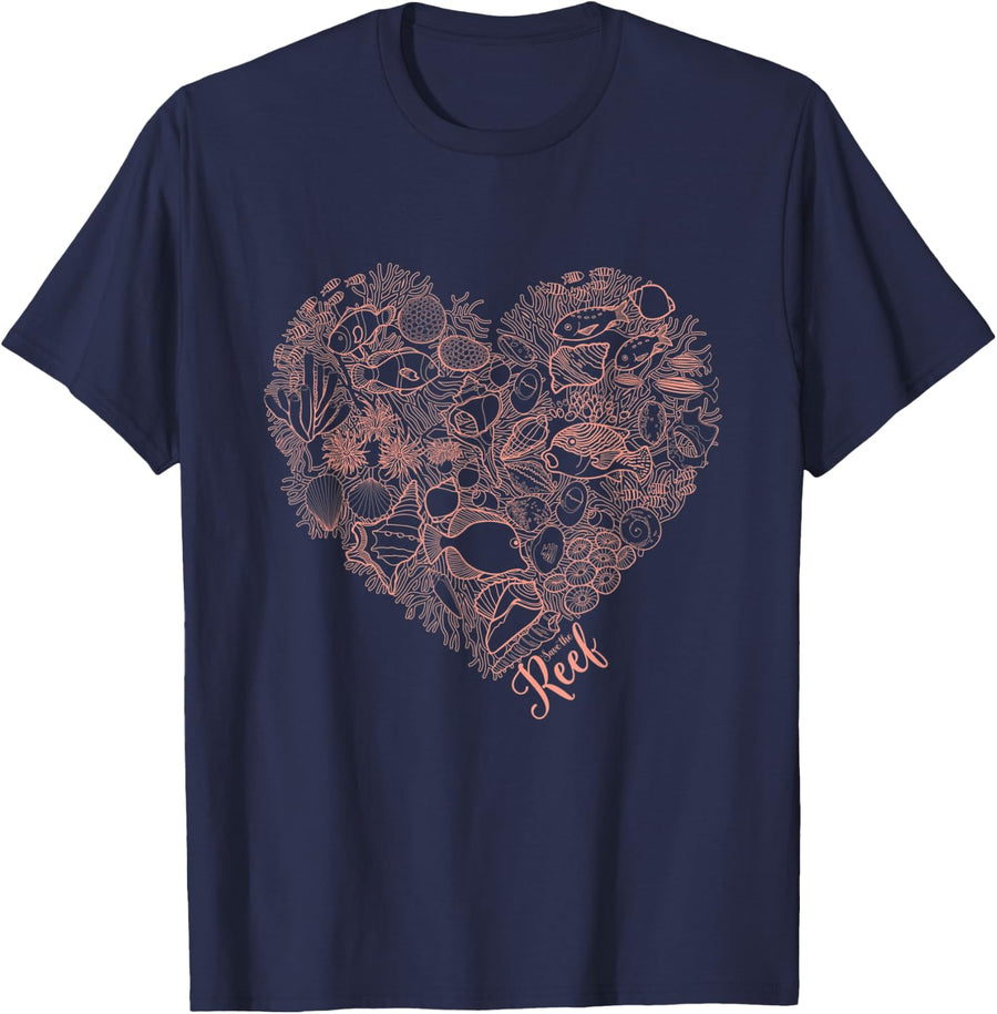 Save the Reef, Sea Coral Love Heart T-Shirt - Navy Blue