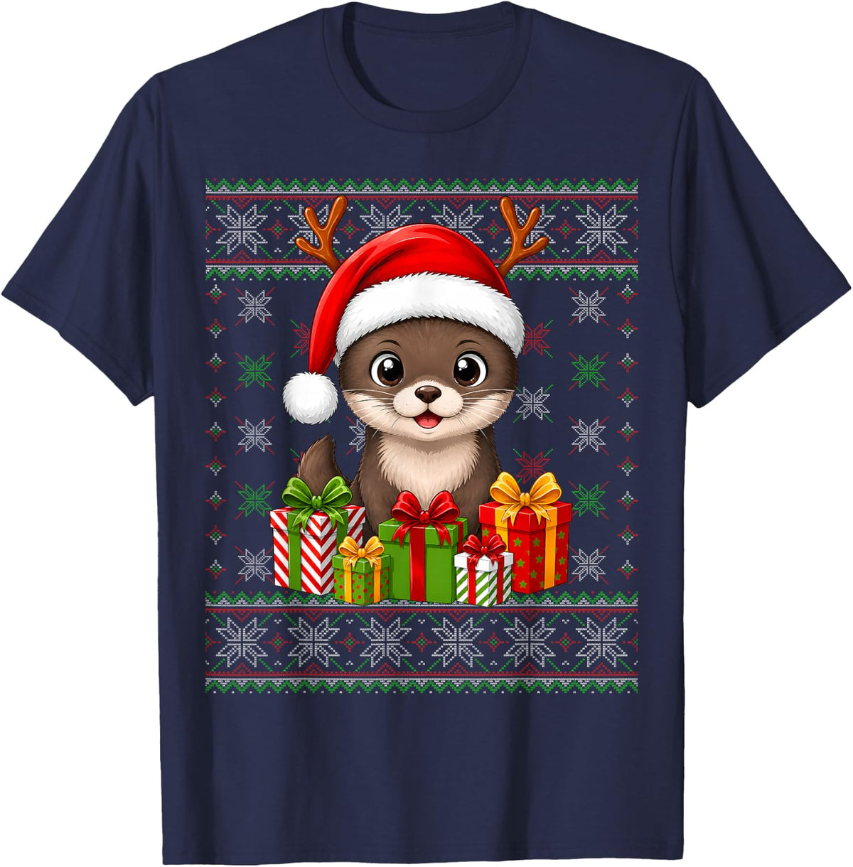 Otter Xmas Ugly Sweaters Festive Santa Otter Christmas T-Shirt - Navy Blue