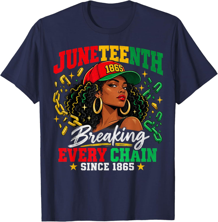 Juneteenth Black Woman Curly Hair Celebration T-Shirt - Navy Blue