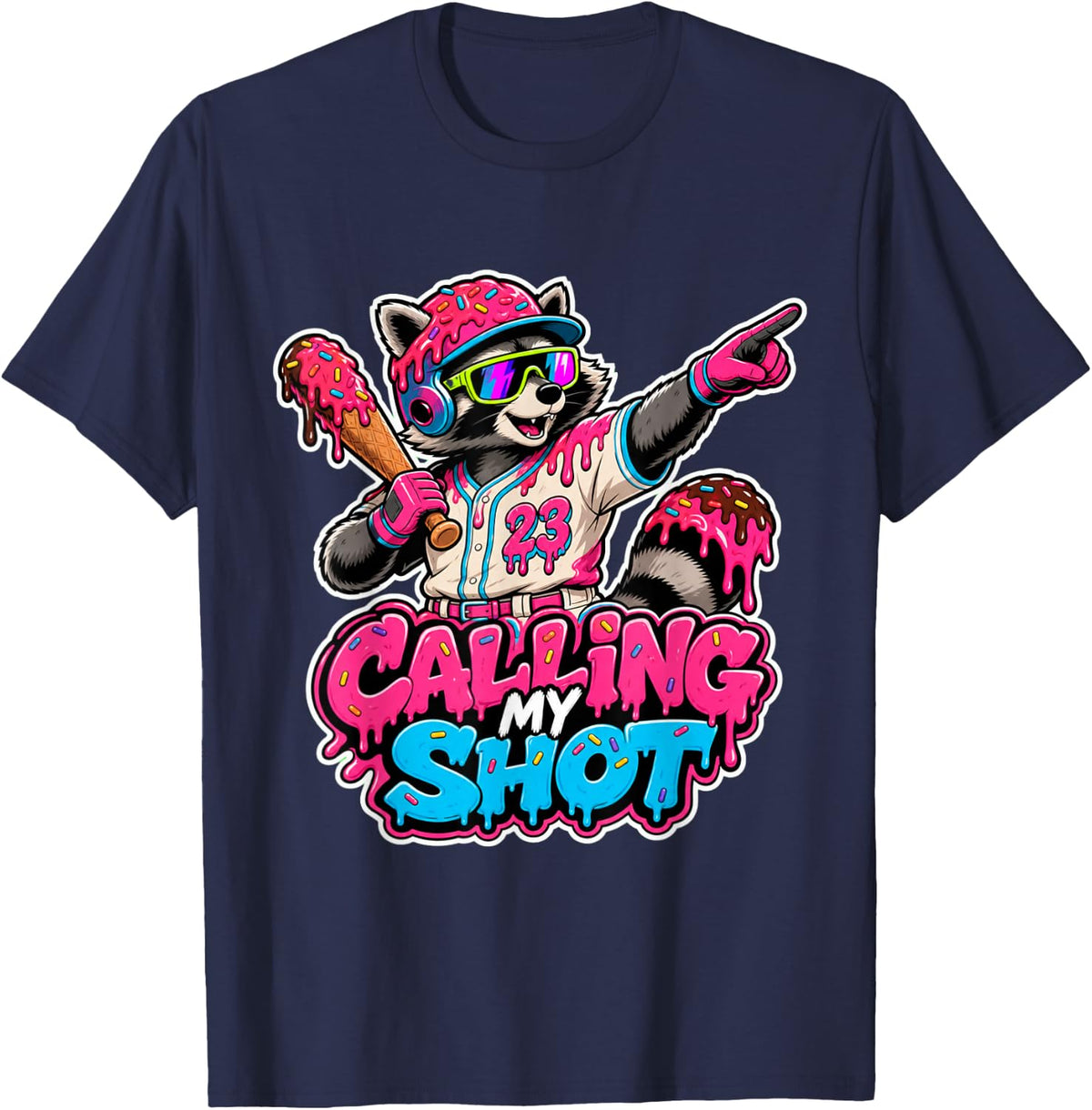 Calling My Shot Baseball Raccoon Home Run Hitter Drip Sports T-Shirt - Navy Blue