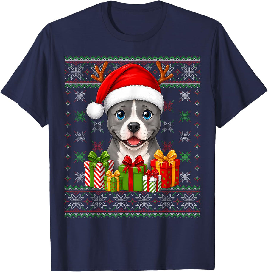 American Staffordshire Terrier Christmas Ugly Sweaters Xmas T-Shirt - Navy Blue
