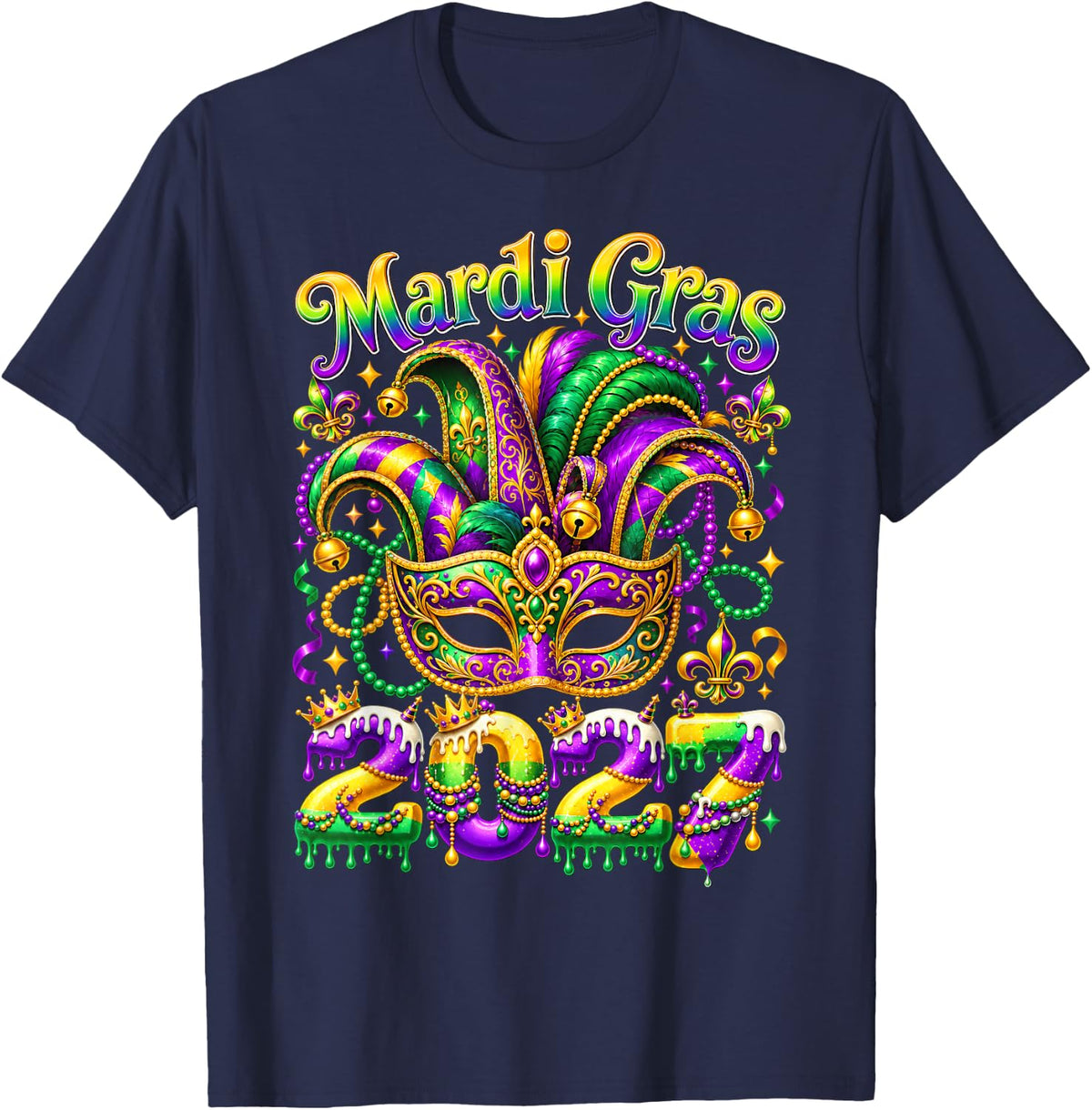 Mardi Gras 2027 Jester Mask Parade Party Beads Men Women T-Shirt - Navy Blue