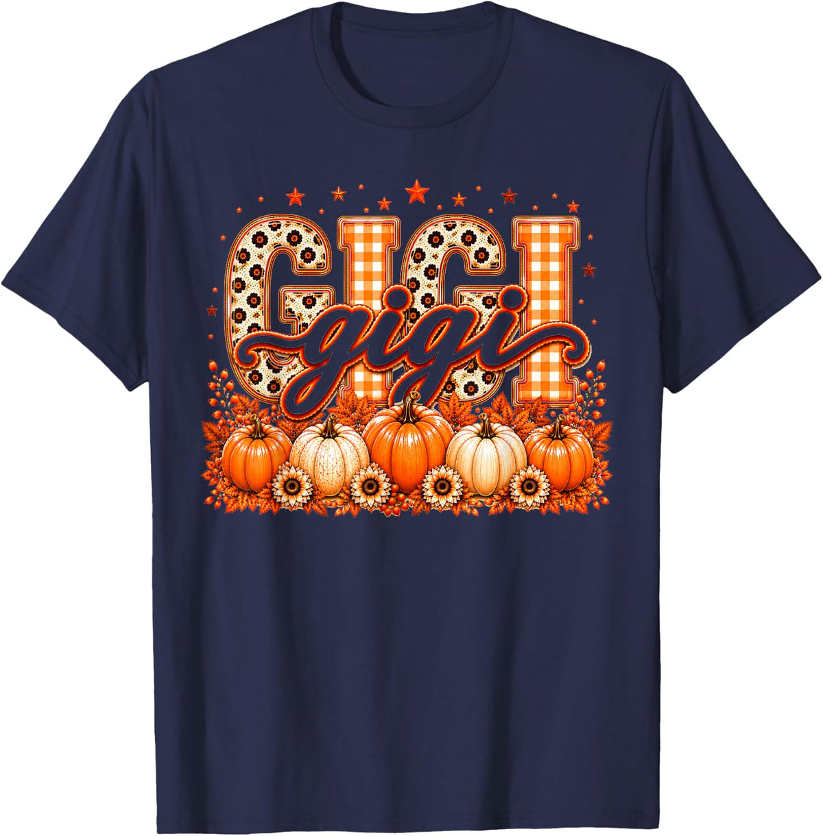 Retro Leopard Gigi Fall Leaves Pumpkin Grandma Thanksgiving T-Shirt - Navy Blue