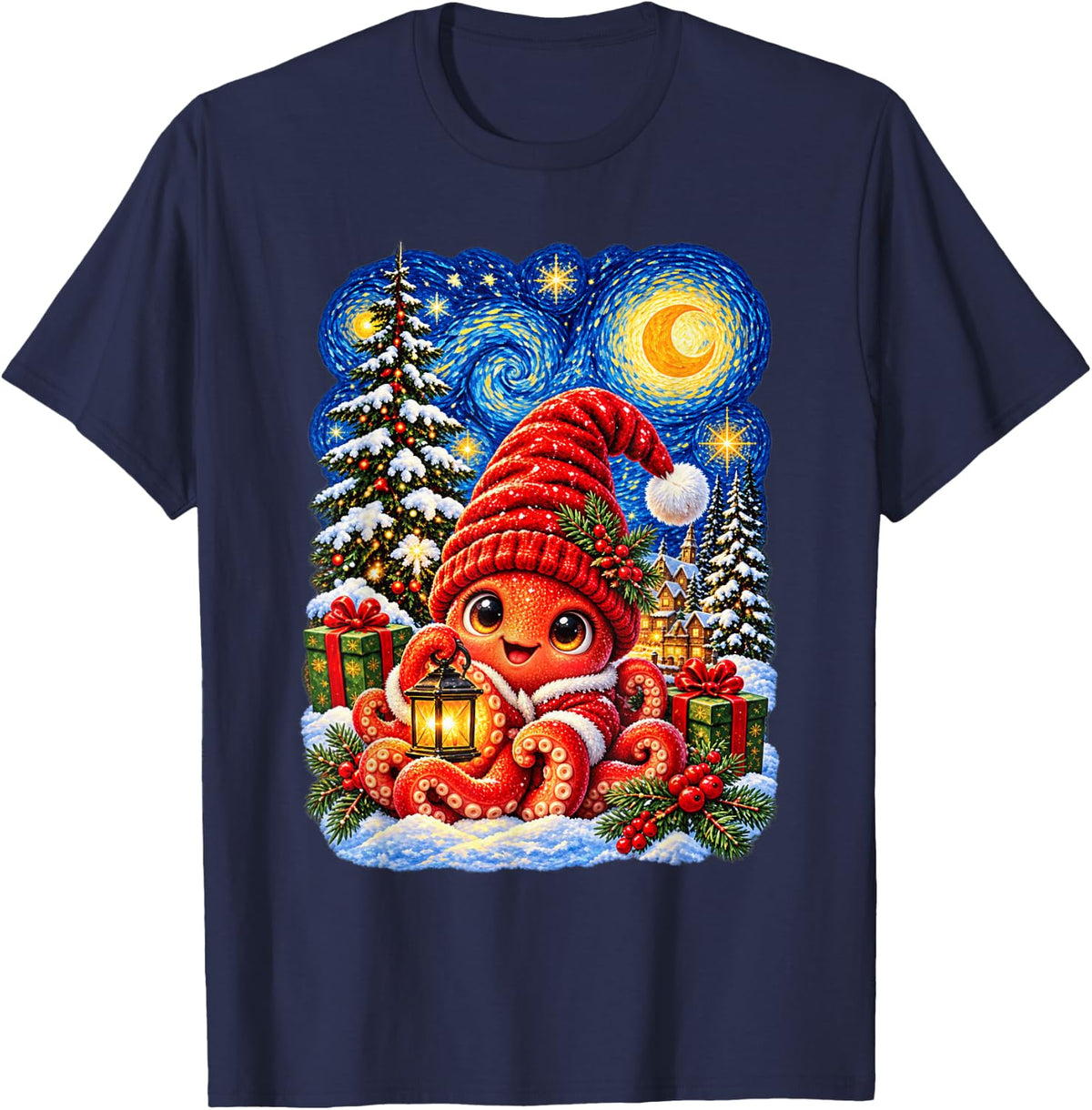 Christmas Octopus Van Gogh Starry Sky for Men Women T-Shirt - Navy Blue