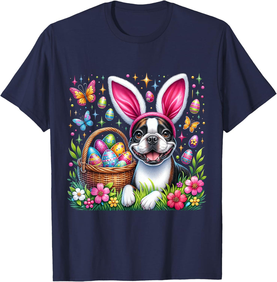 Cute Bunny Boston Terrier Dog Easter Eggs Basket Easter Day T-Shirt - Navy Blue