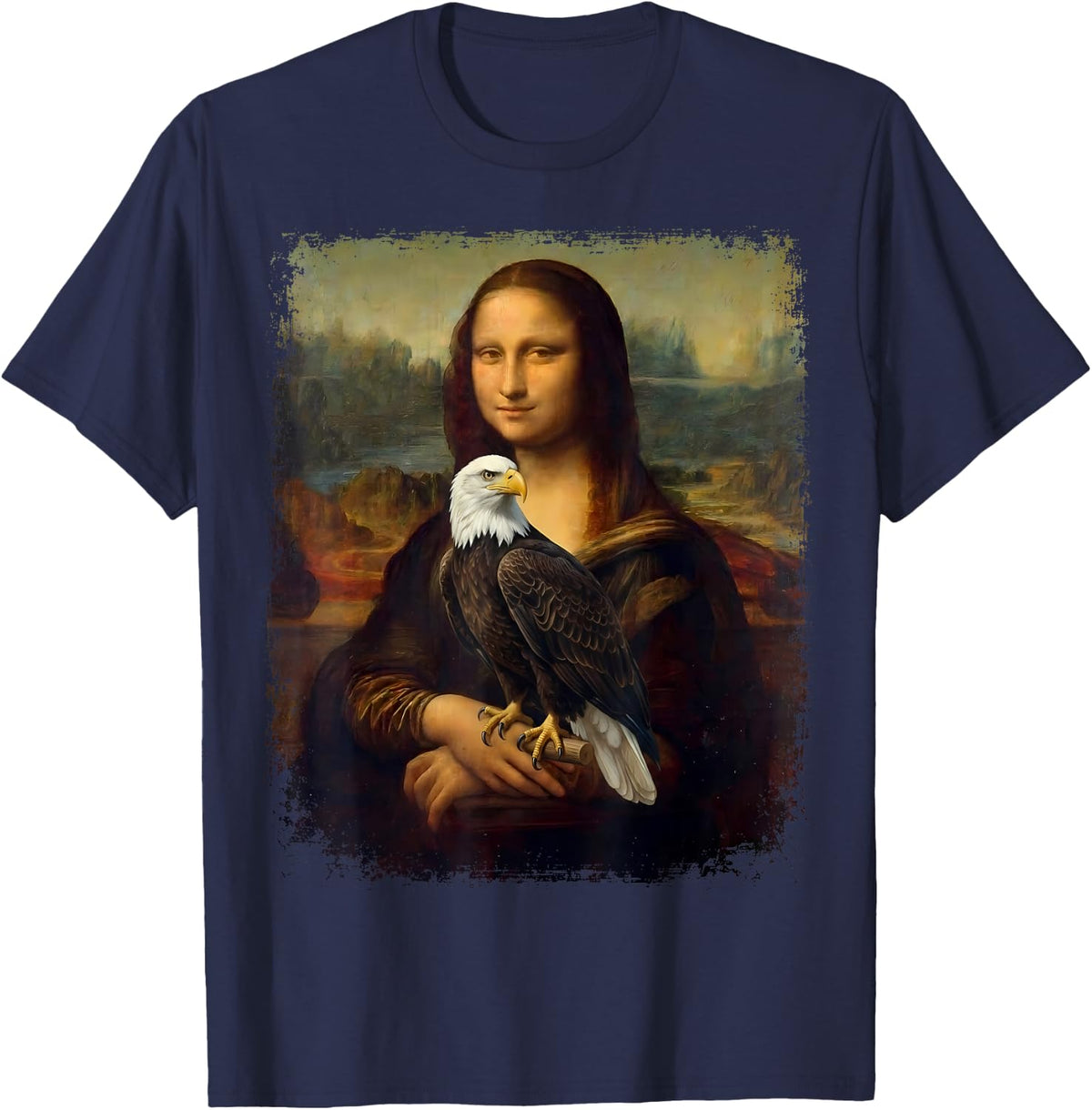 Mona Lisa Bald Eagle | Art Parody Raptor Birder Eagle T-Shirt - Navy Blue