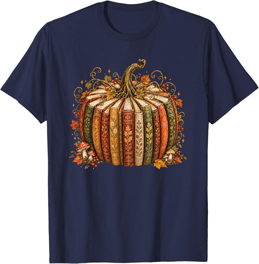 All Booked for Fall Books Pumpkin Teacher Autumn Librarian T-Shirt - Navy Blue