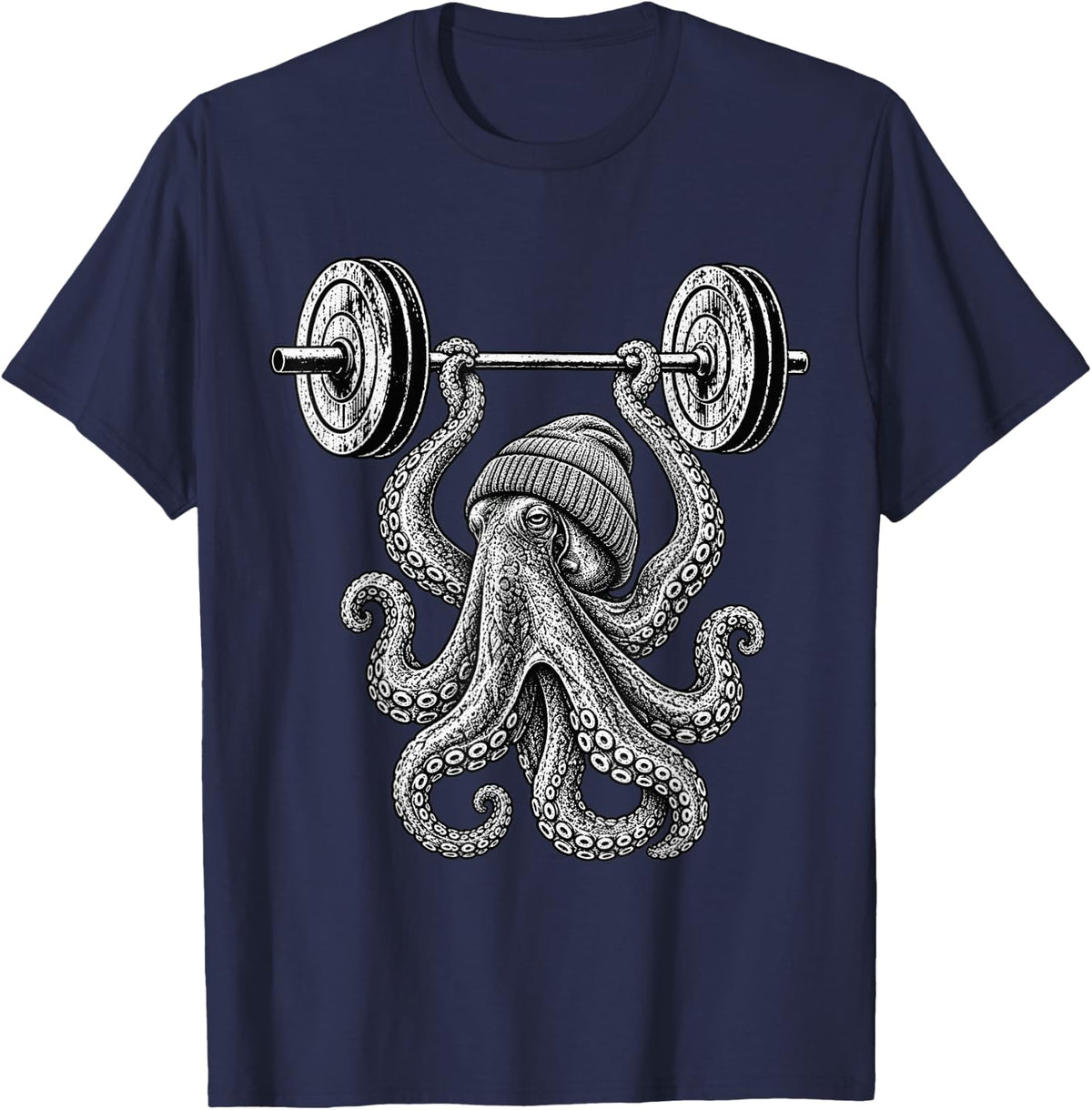 Vintage Weightlifting Octopus Workout Beanie Gym Fitness T-Shirt - Navy Blue