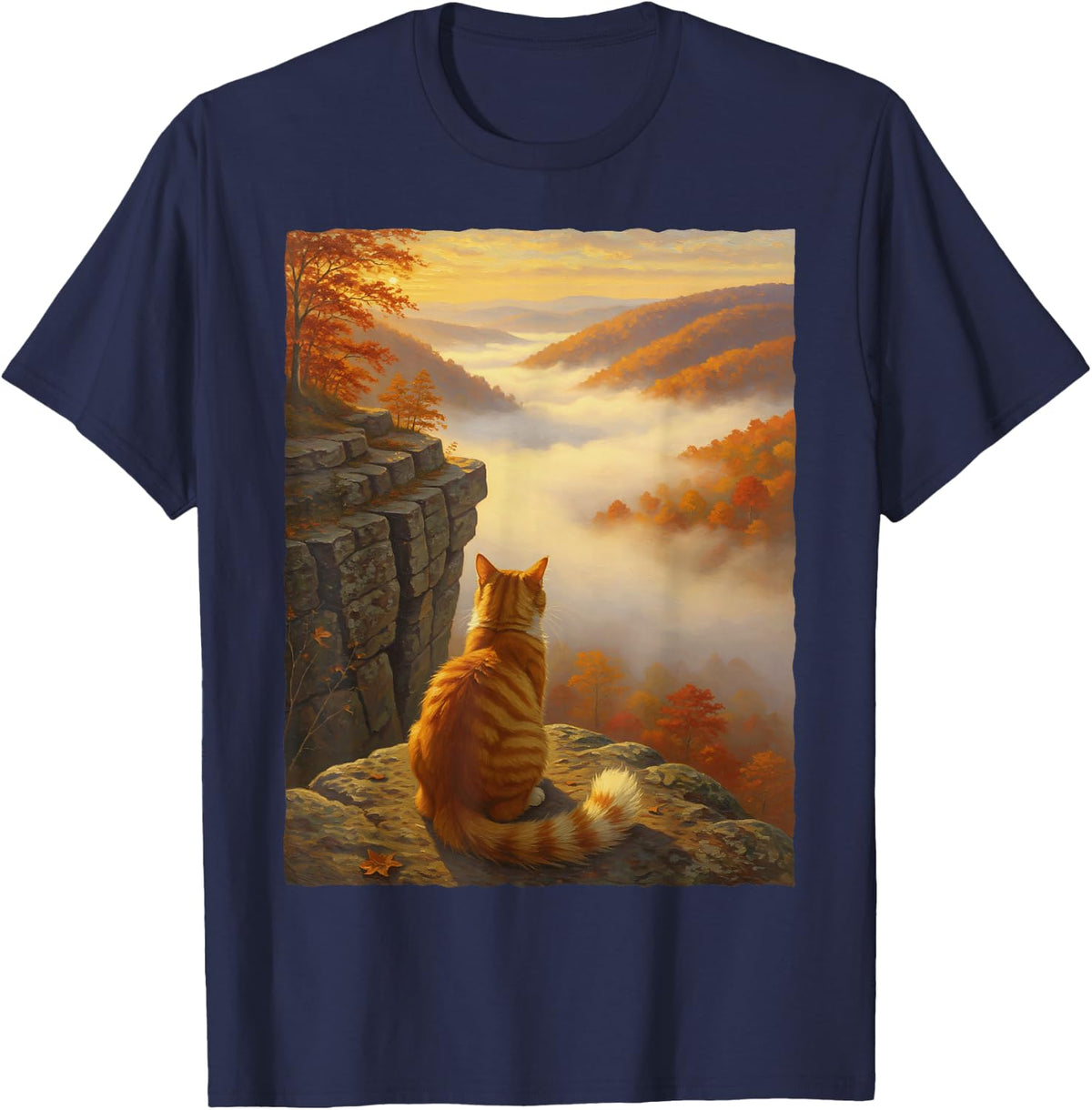 Orange Tabby Cat Fall Mountain Sunrise Autumn Foliage Art T-Shirt - Navy Blue