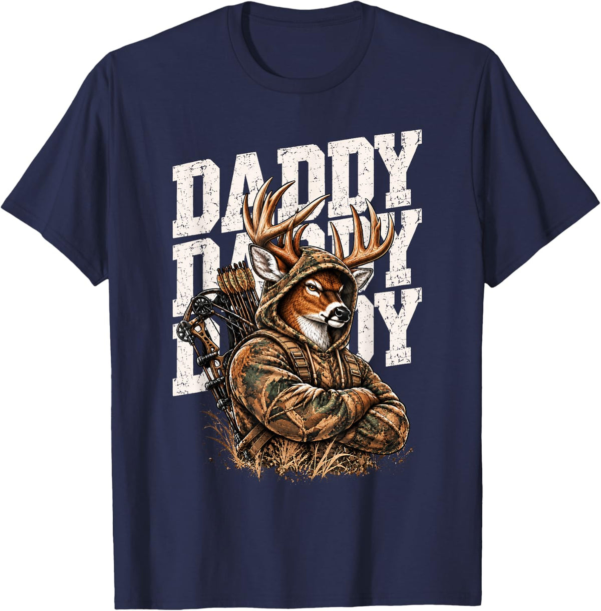 Daddy Deer Hunter Bow Hunting Buck Camo Bow Father's Day T-Shirt - Navy Blue