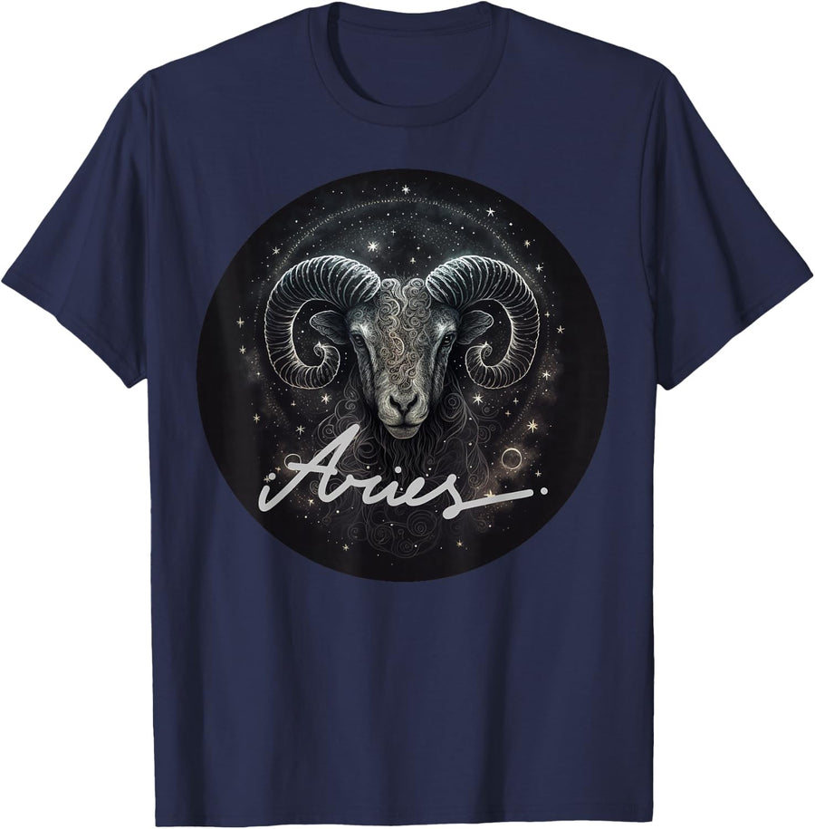 Aries Ram Zodiac Birthday Boho Celestial Stars Astrology T-Shirt - Navy Blue