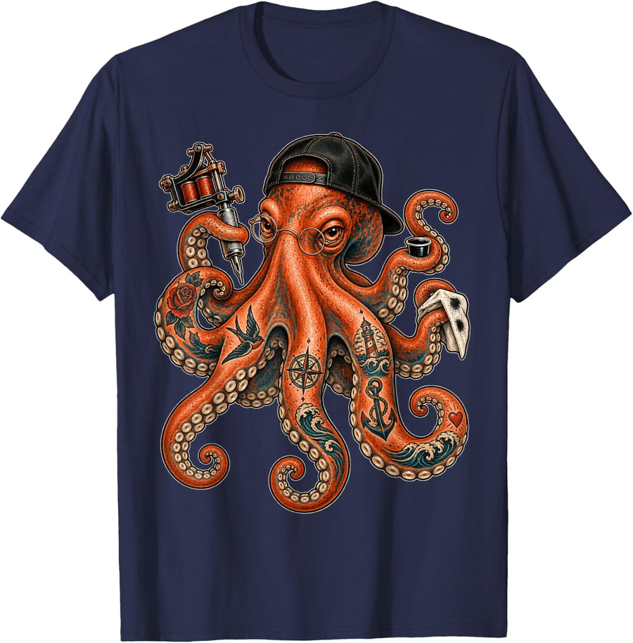 Tattoo Artist Octopus Inked Nautical Sailor Style T-Shirt - Navy Blue