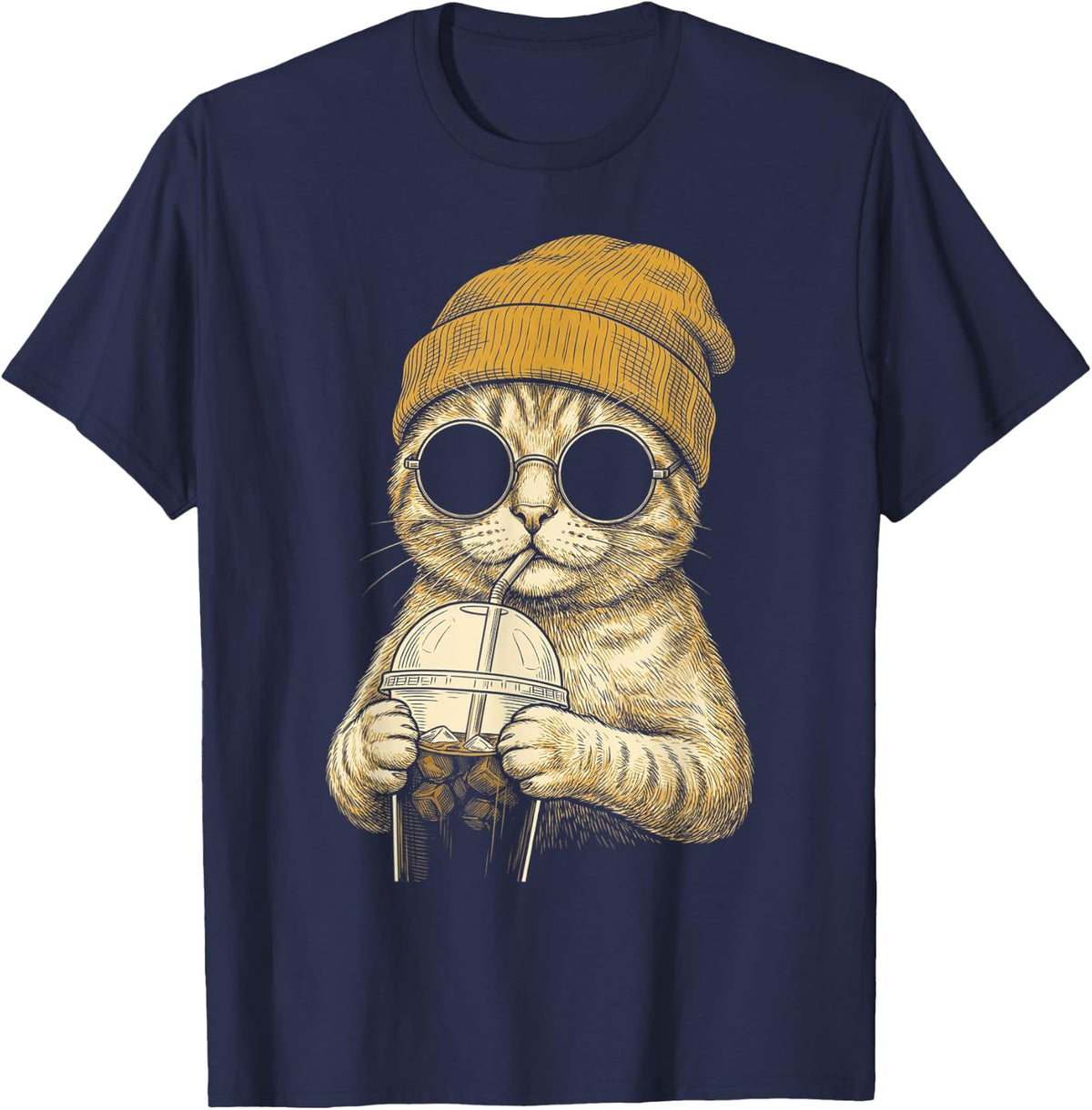 Ginger Tabby Cat Drinking Iced Coffee Funny Hipster T-Shirt - Navy Blue