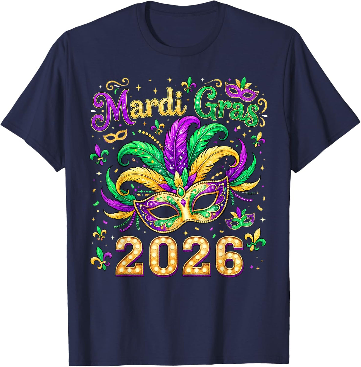 Mardi Gras Mask Parade 2026 New Orleans Men Women Kids T-Shirt - Navy Blue