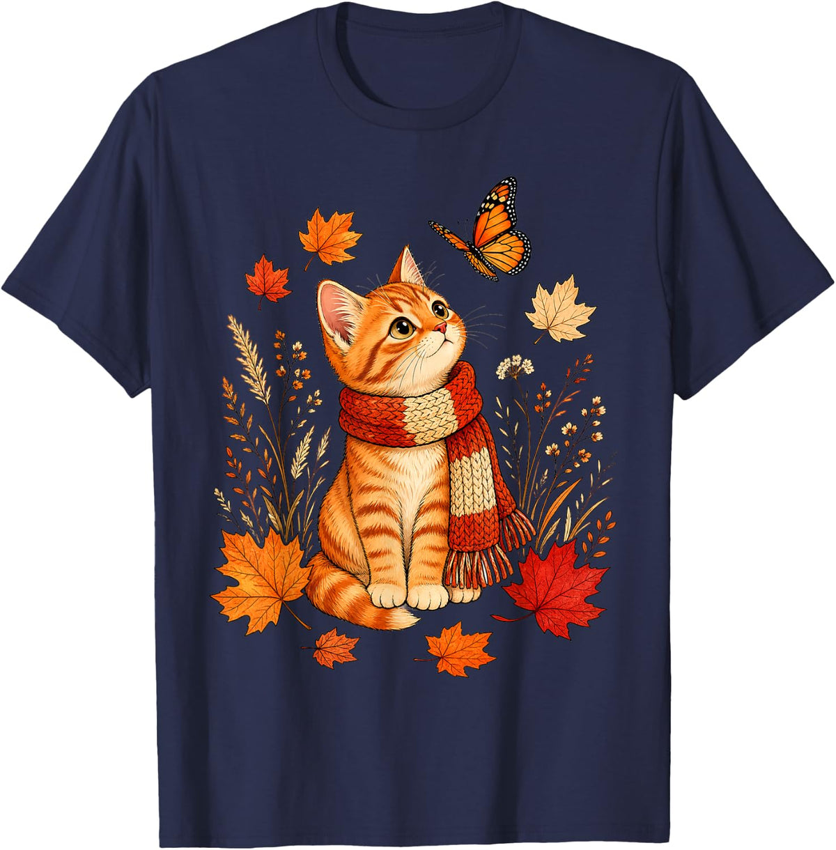 Ginger Tabby Cat Butterfly Fall Maple Leaf Aesthetic Art T-Shirt - Navy Blue