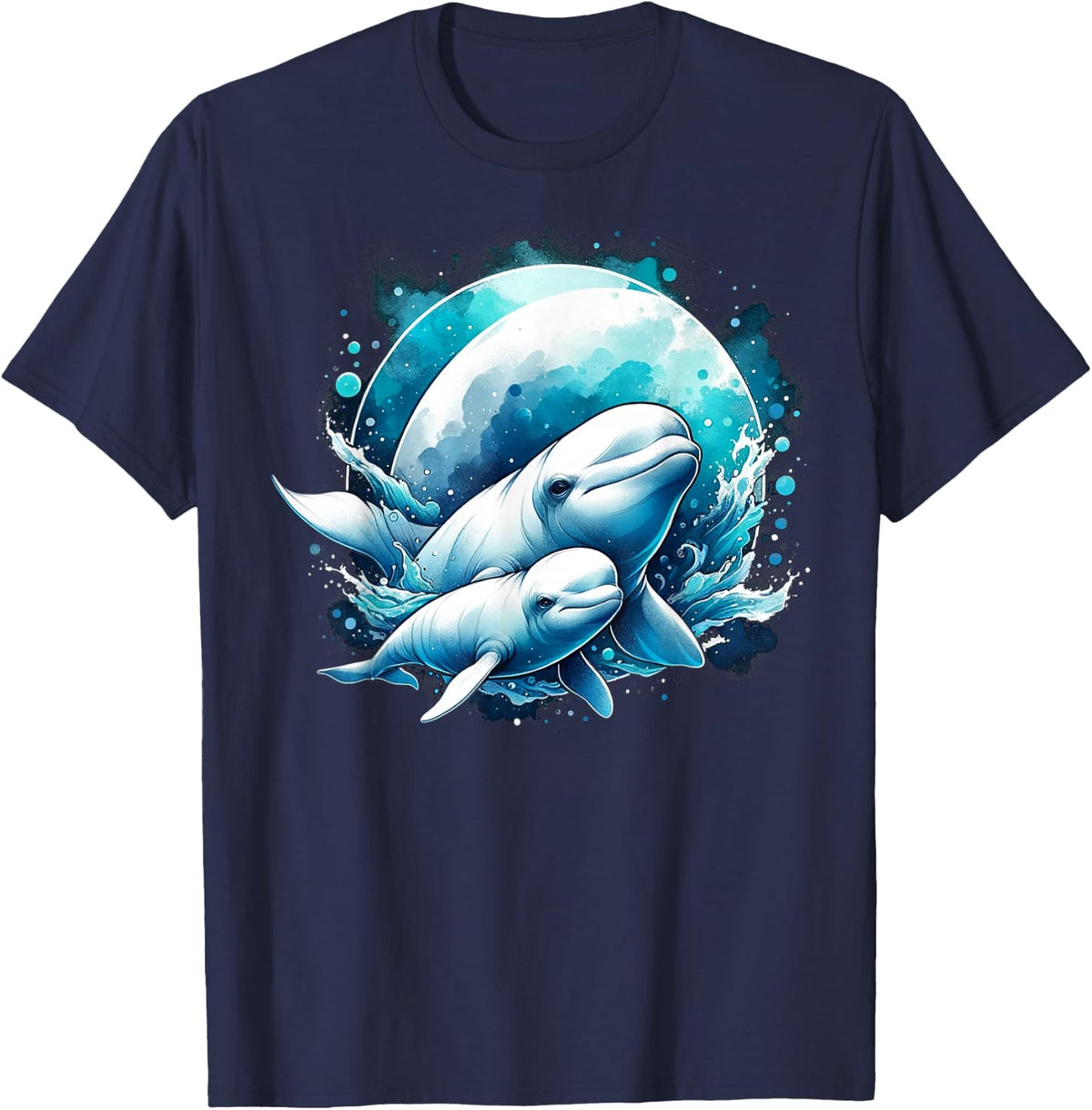 Watercolor Beluga Mom And Baby White Whale Ocean T-Shirt - Navy Blue