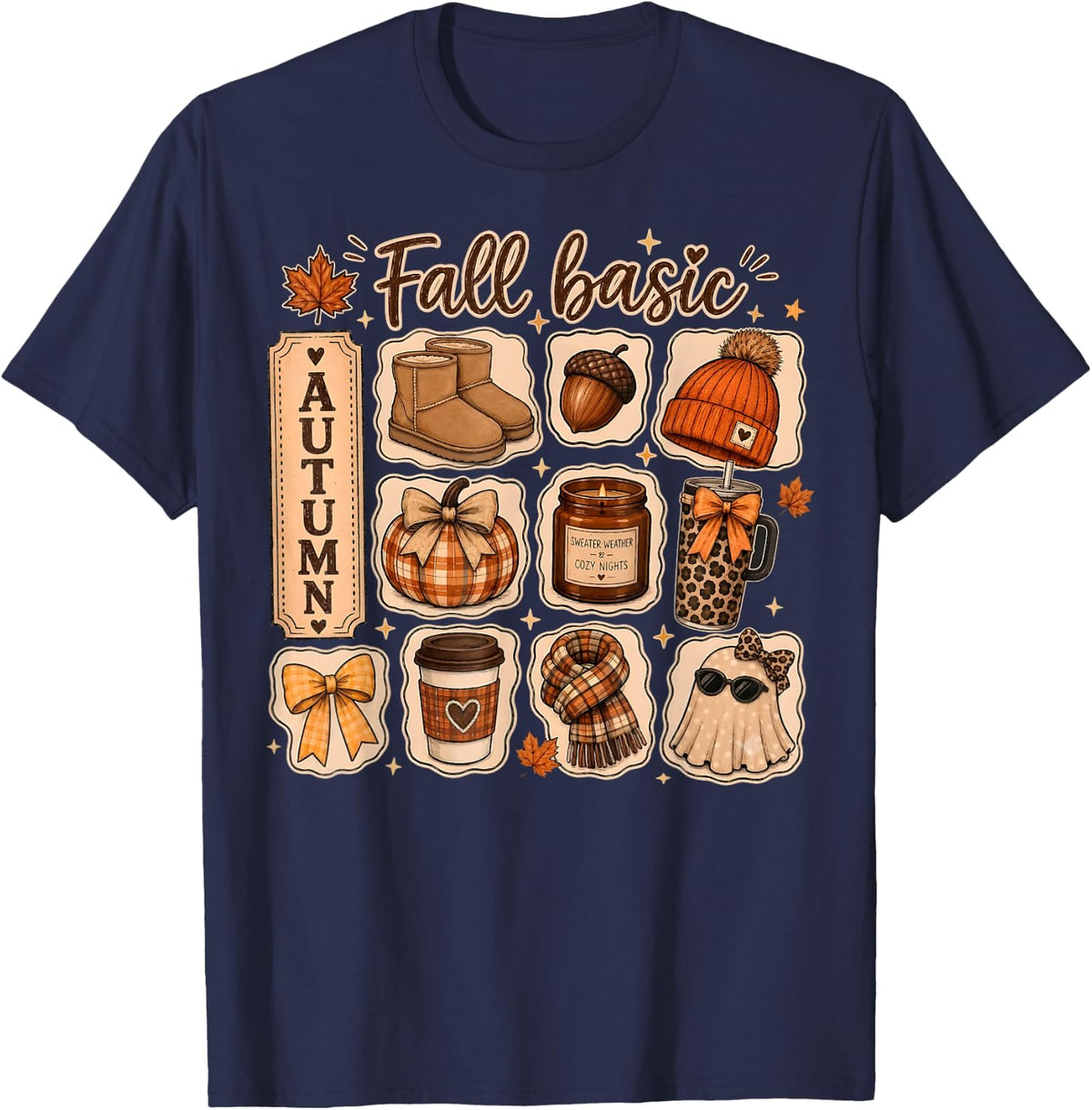 Fall Basic Thanksgiving Halloween Autumn Pumpkin Season T-Shirt - Navy Blue