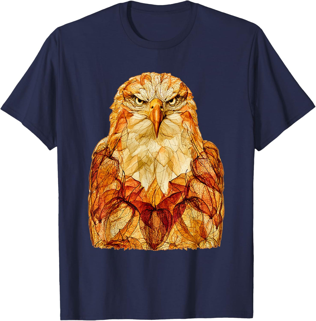 Rustic Bald Eagle with Fall Leaves Autumn Animal Art T-Shirt - Navy Blue