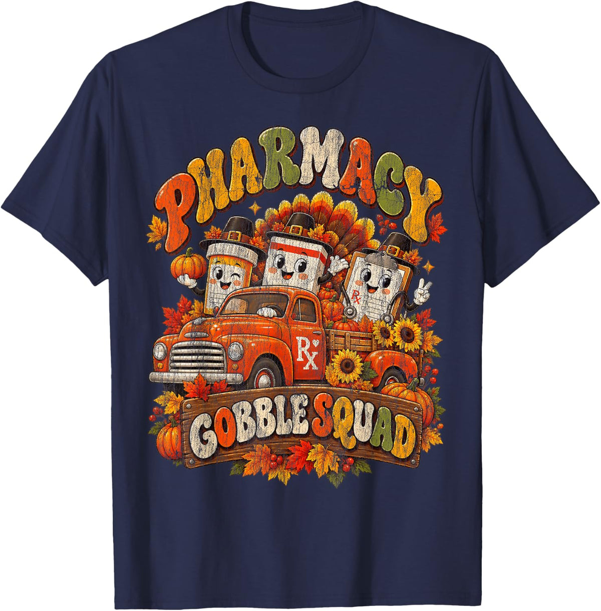 Pharmacy Gobble Squad Cute Thanksgiving Pharmacist Vintage T-Shirt - Navy Blue