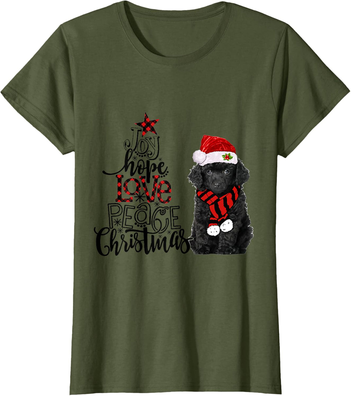 Joy Hope Love Peace Christmas Black Toy Poodle 2020 T-Shirt - Olive Green