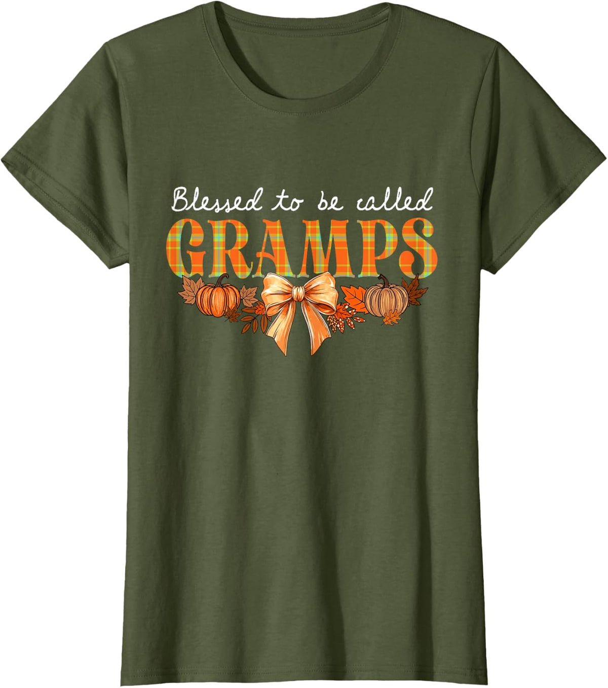 Blessed to Be Called Gramps Coquette Bow Thanksgiving T-Shirt - Olive Green