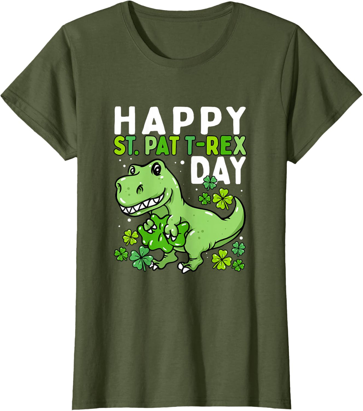 Happy St Pat Trex Day Dinosaur St Patrick's Day T-Shirt - Olive Green