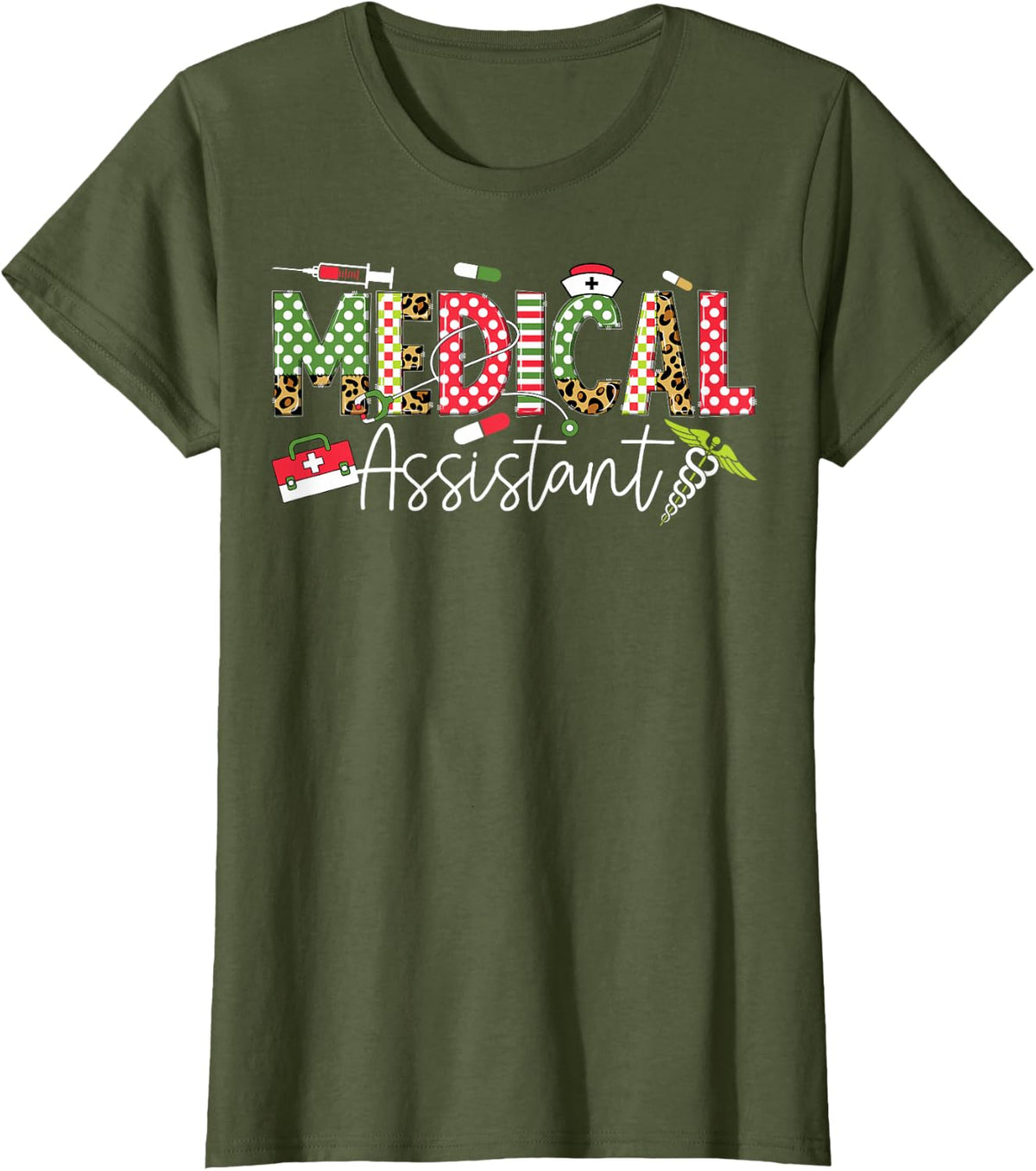 Medical Assistant CMA Registered Nurse Leopard Pattern T-Shirt - Olive Green