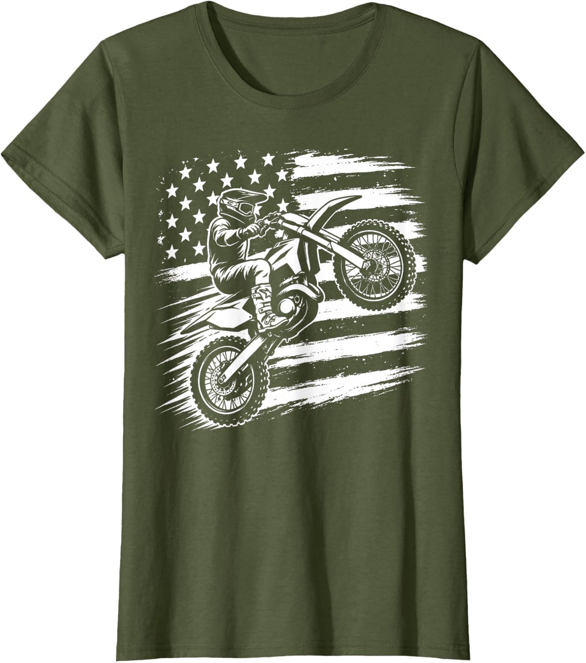 Dirt Bike American Flag Rider Racing Motocross T-Shirt - Olive Green