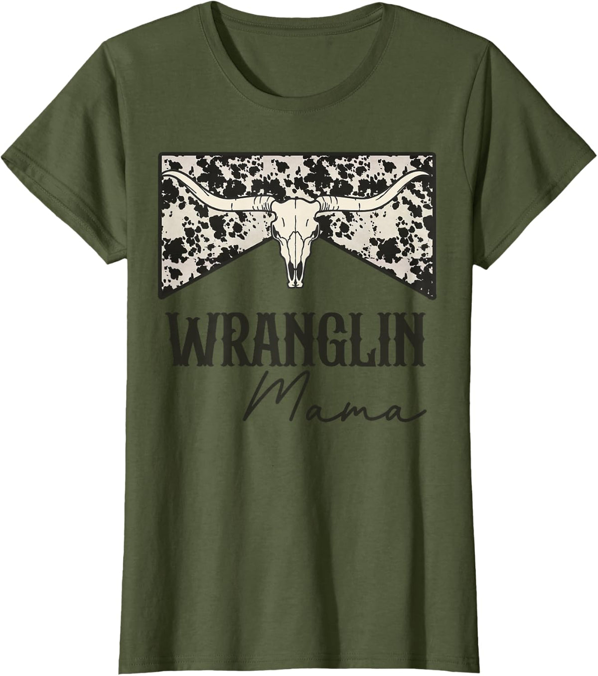 Wranglin Mama Retro Bull Skull Leopard Western Rodeo Country T-Shirt - Olive Green