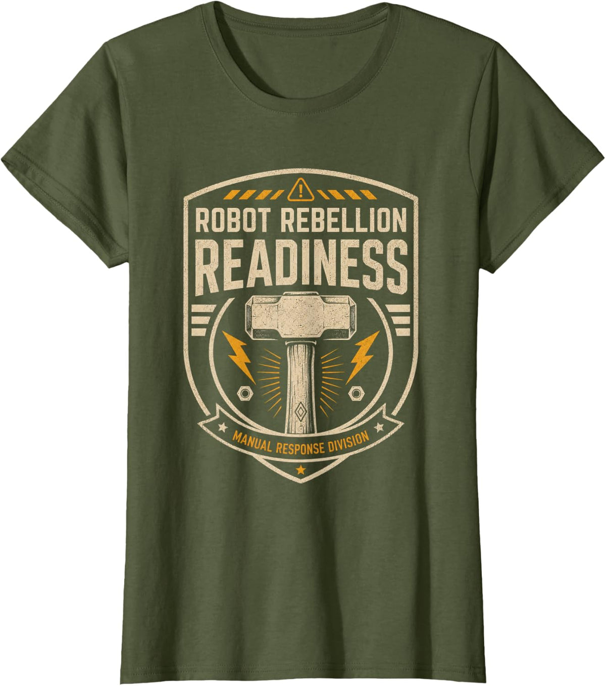 Robot Rebellion Readiness AI Automation Humor T-Shirt - Olive Green