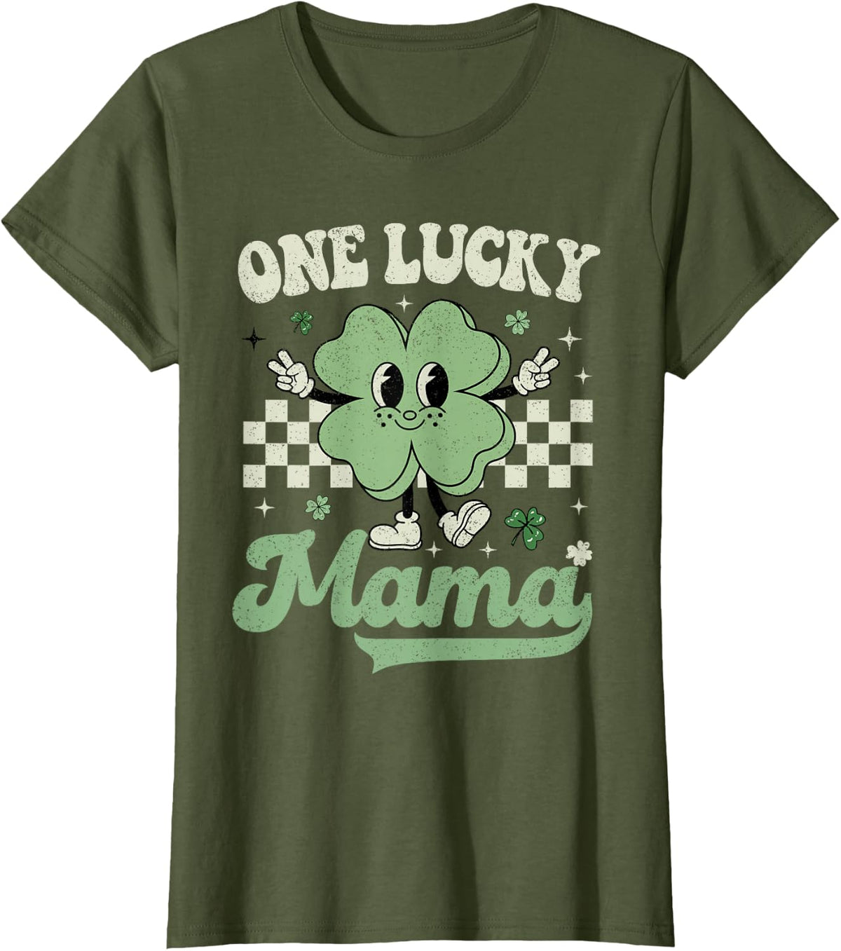 Retro Groovy St Patricks Day One Lucky Mama Hippie Shamrock T-Shirt - Olive Green