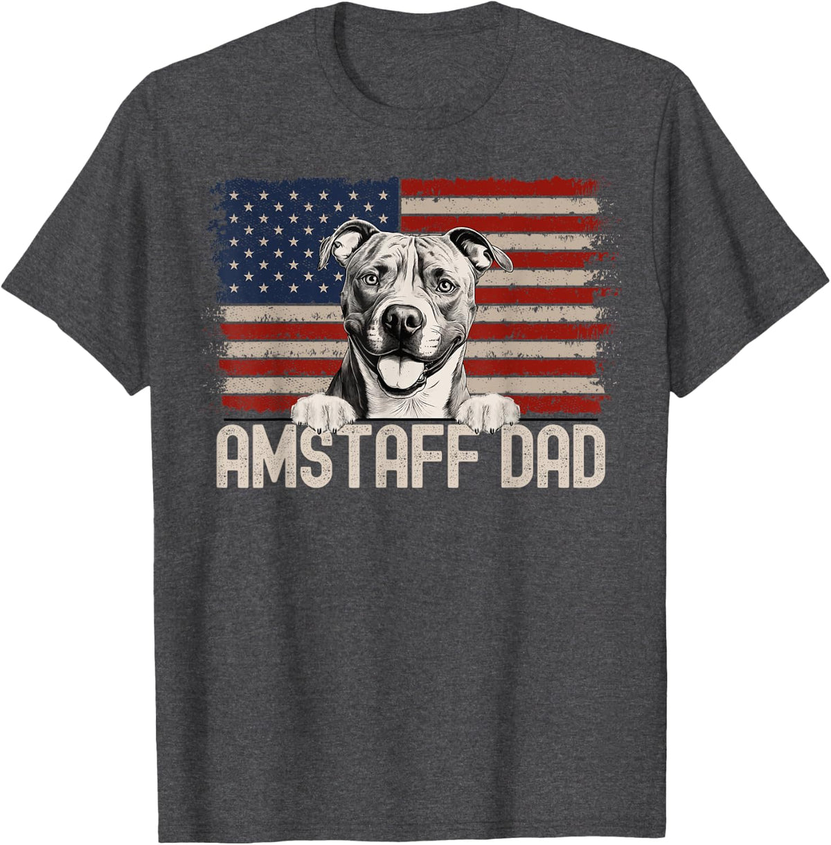 Best Dog Dad Ever American Flag - Amstaff Dad T-Shirt - Dark Heather Grey