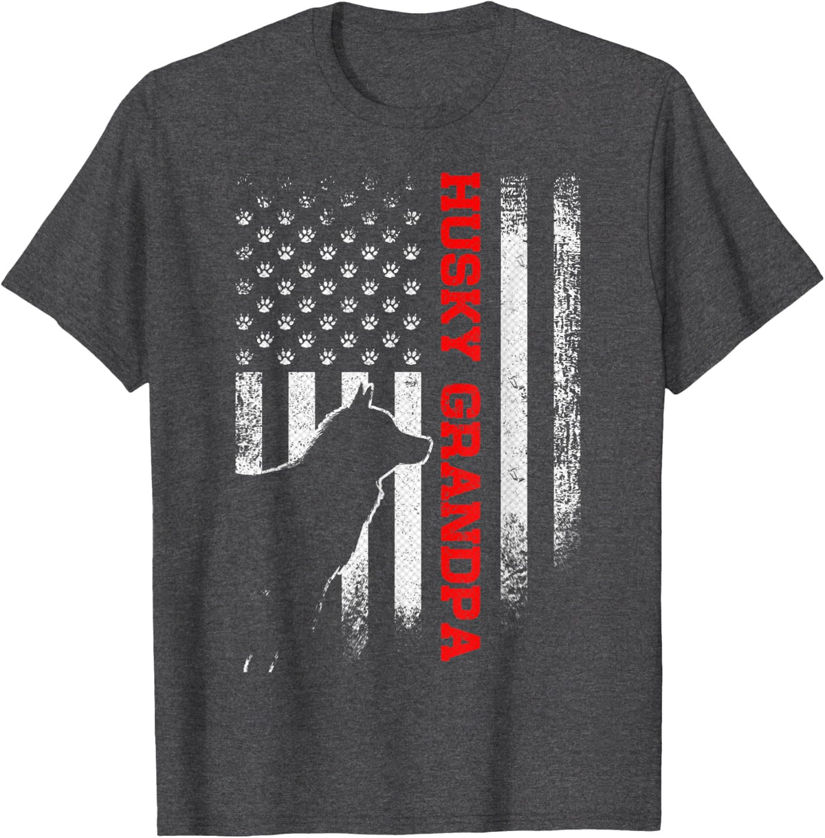Vintage USA American Flag Siberian Husky Grandpa Silhouette T-Shirt - Dark Heather Grey