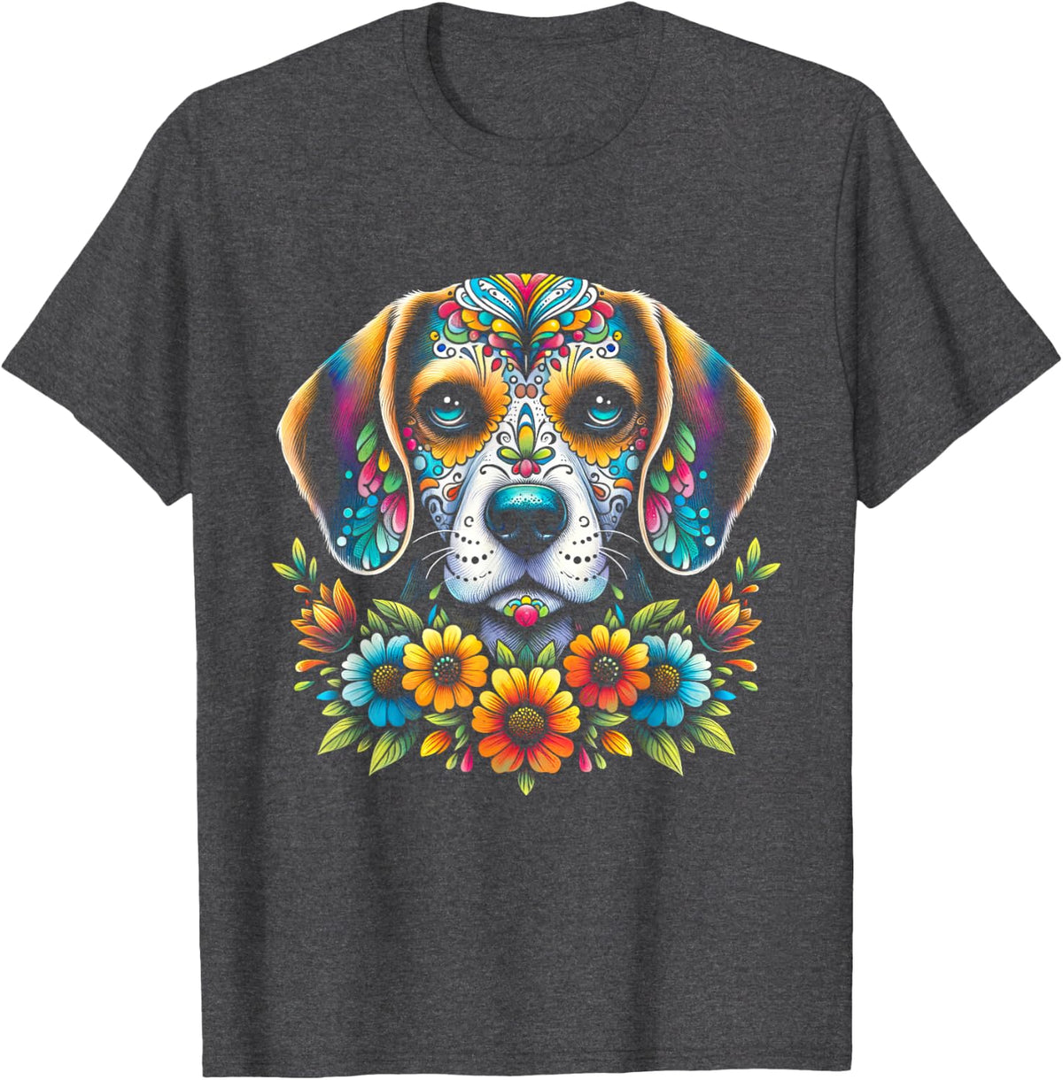 Cinco De Mayo Sugar Skull Flower Beagle Dog Men Women Kids T-Shirt - Dark Heather Grey
