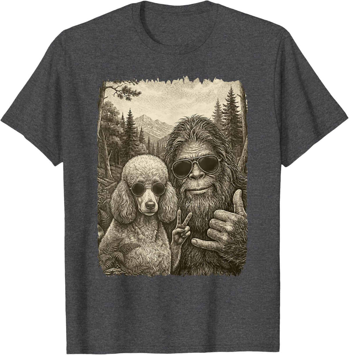 Funny Bigfoot Selfie with Poodle Lovers Graphic Men Women T-Shirt - Dark Heather Grey