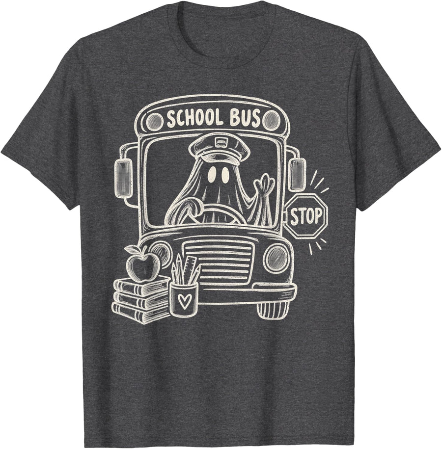 Funny Ghost School Bus Driver Retro Fall Halloween Educator T-Shirt - Dark Heather Grey
