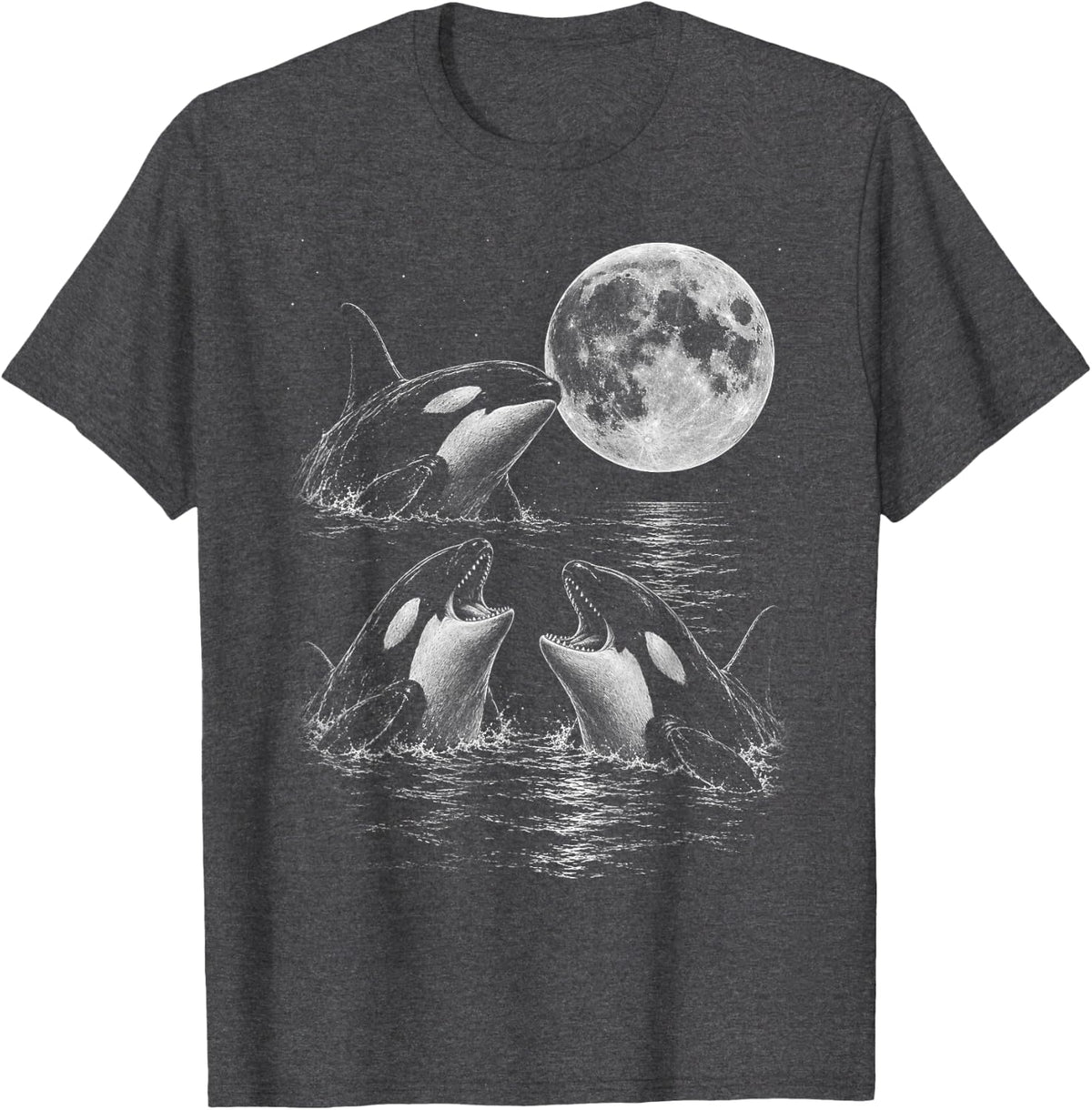 Three Orca Whales Full Moon Lightning Ocean Life Meme T-Shirt - Dark Heather Grey