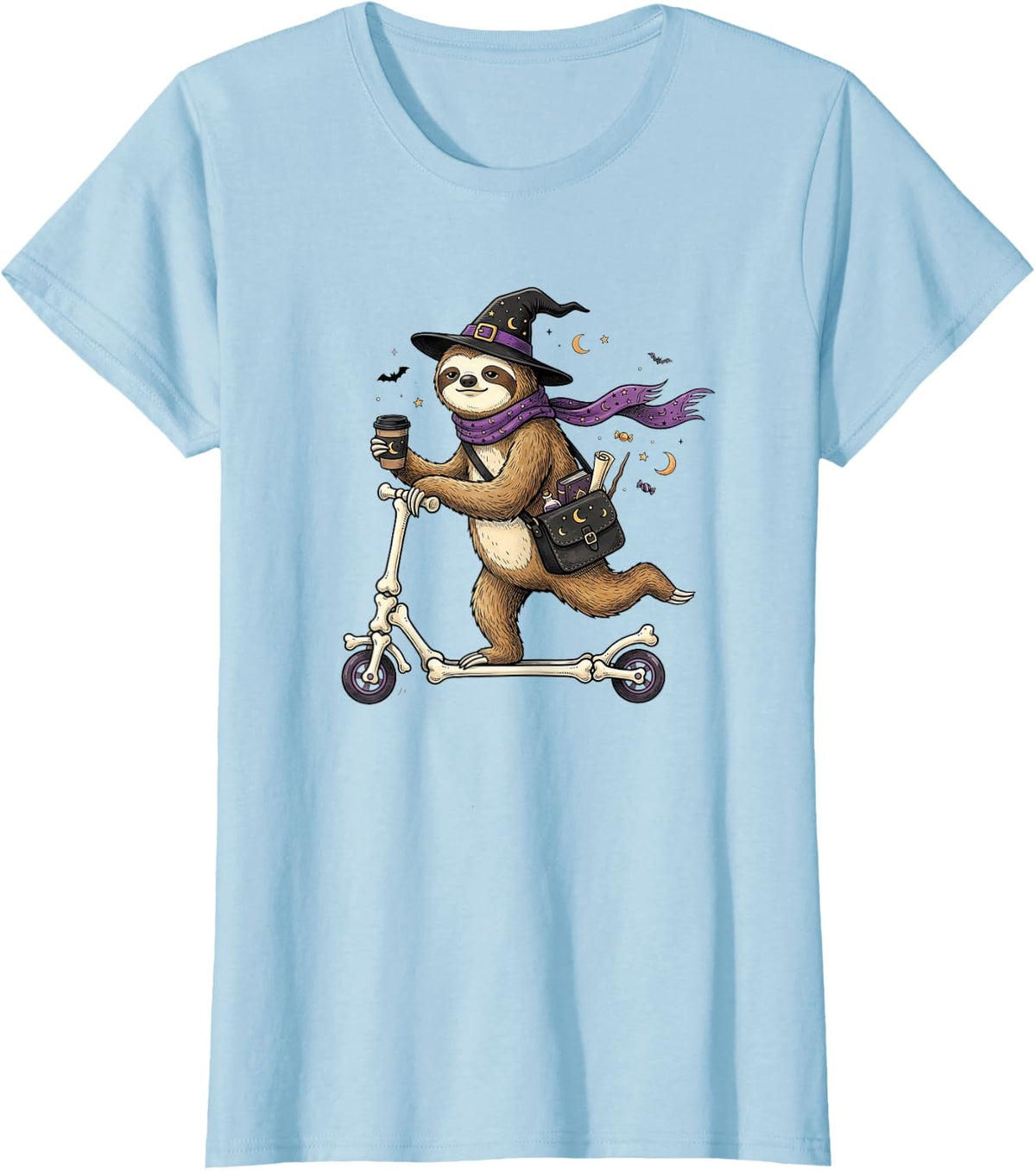 Sloth Scooter Witch Halloween Kids Mens Womens T-Shirt - Baby Blue