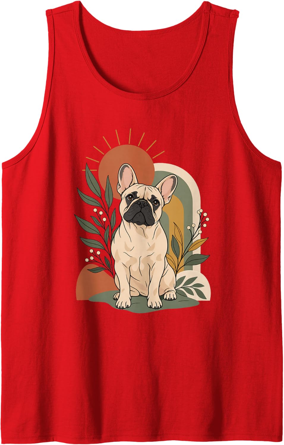 French Bulldog Boho Botanical Fawn Dog Portrait Artwork Sleeveless Tank Top - Red