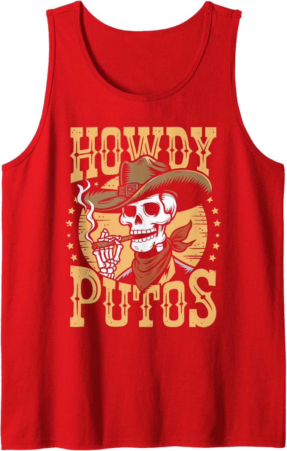 Vintage Howdy Putos Skull Cowboy Western Country Spanish Sleeveless Tank Top - Red