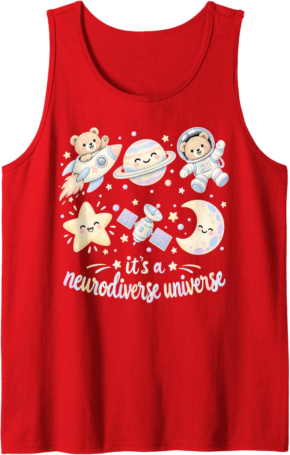 Neurodiversity Awareness Astronaut Bear Galaxy and Planets Sleeveless Tank Top - Red