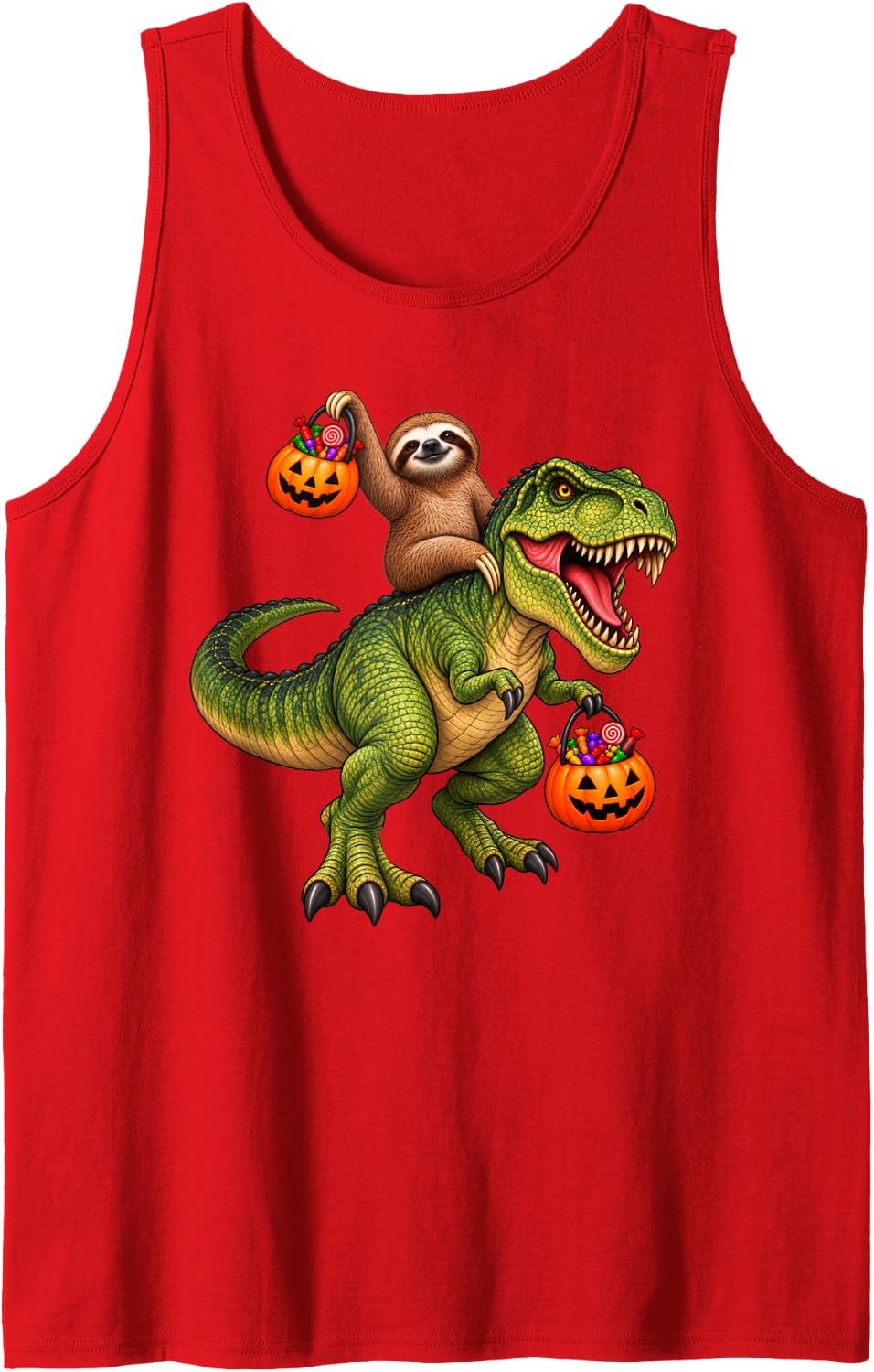 Sloth Riding T-Rex Dinosaur Funny Sleeveless Tank Top - Red