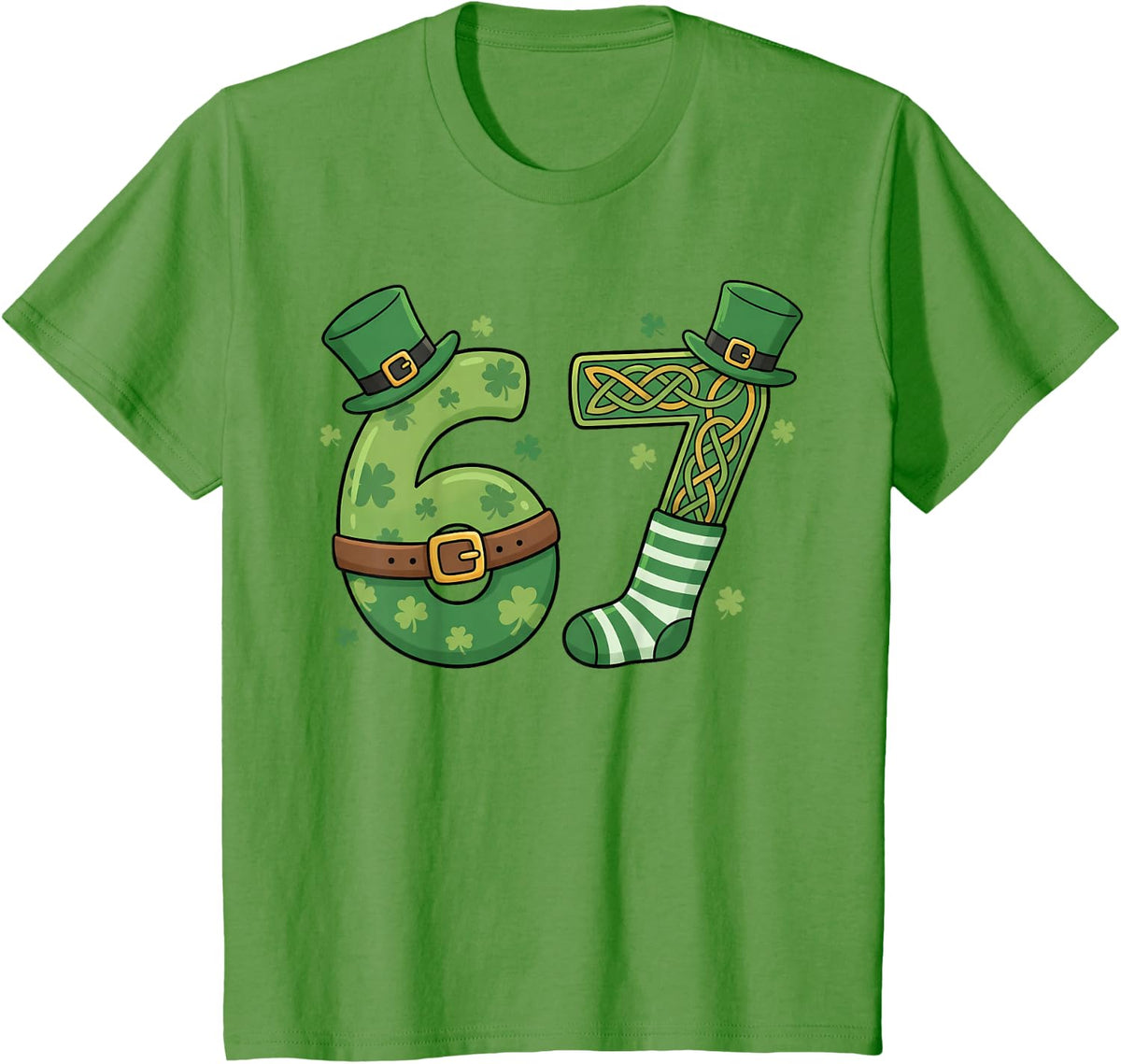 67 Leprechaun Hat 6 7 Viral Meme Funny St Patrick’s Day T-Shirt - Grass Green