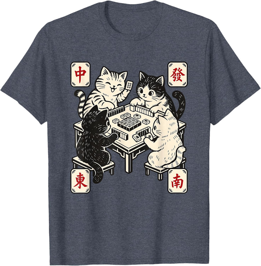 Cats Playing Mahjong T-Shirt - Heather Blue